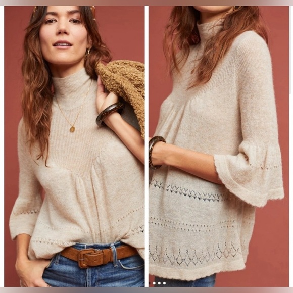 Anthro Feather Bone Whitney Mock Neck Merino Wool Alpaca Sweater Sand Size S - Picture 1 of 9